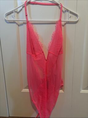 Victoria's Secret Neon Pink Lace Plunge Chemise Teddy Bodysuit